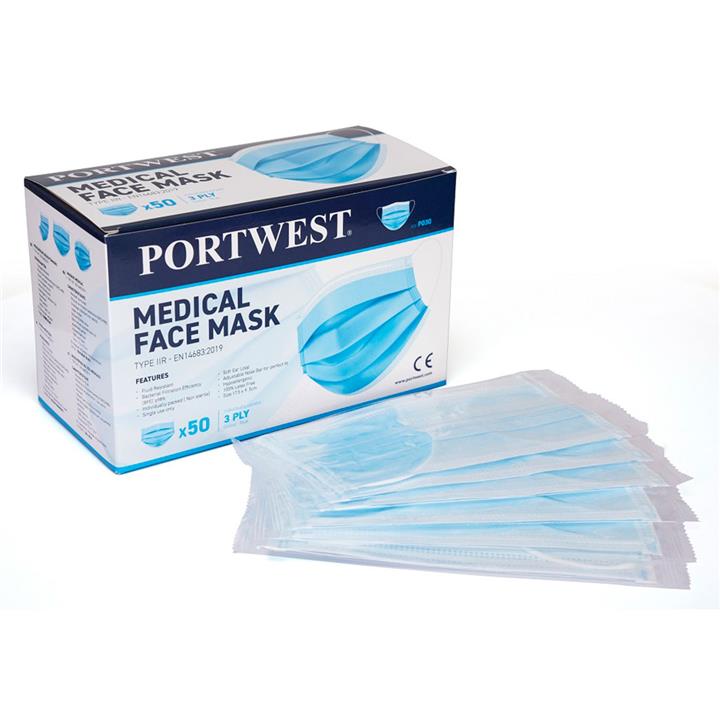Portwest P030 – Ιατρική Μάσκα 3ply Τύπου IIR μίας χρήσης με έλασμα στην μύτη σε (50άδα) συσκευασμένα ατομικά